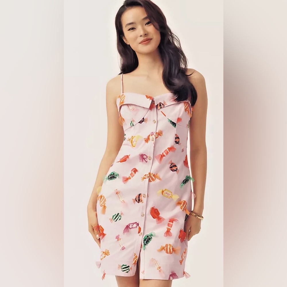 Anthropologie Maeve Candy Print Buttondown Mini Dress Pink Lavender sz 2 NWT